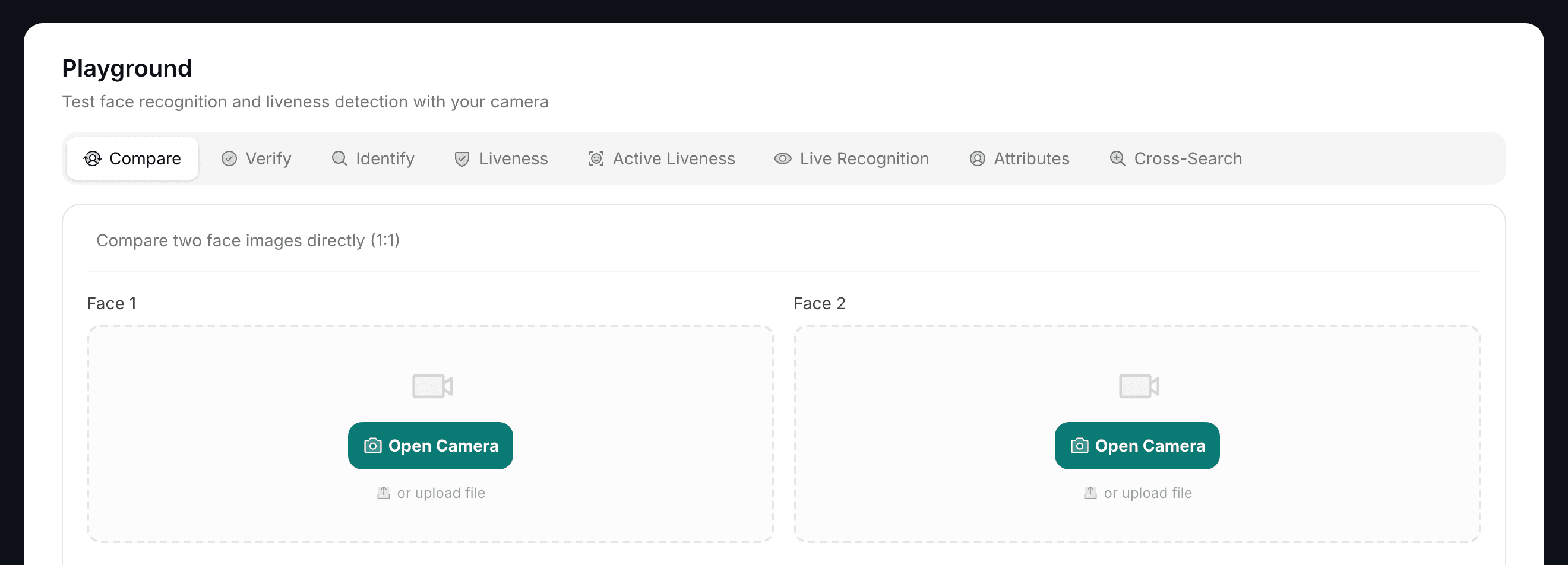 The Playground page in the LiveXFace console. Tabs across the top read Compare, Verify, Identify, Liveness, Active Liveness, Live Recognition, Attributes and Cross-Search. The Compare tab is open, showing two capture panes, each offering Open Camera or a file upload.