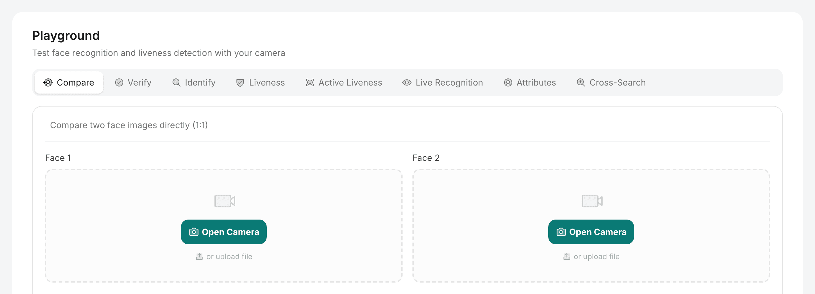 The Playground page in the LiveXFace console. Tabs across the top read Compare, Verify, Identify, Liveness, Active Liveness, Live Recognition, Attributes and Cross-Search. The Compare tab is open, showing two capture panes, each offering Open Camera or a file upload.
