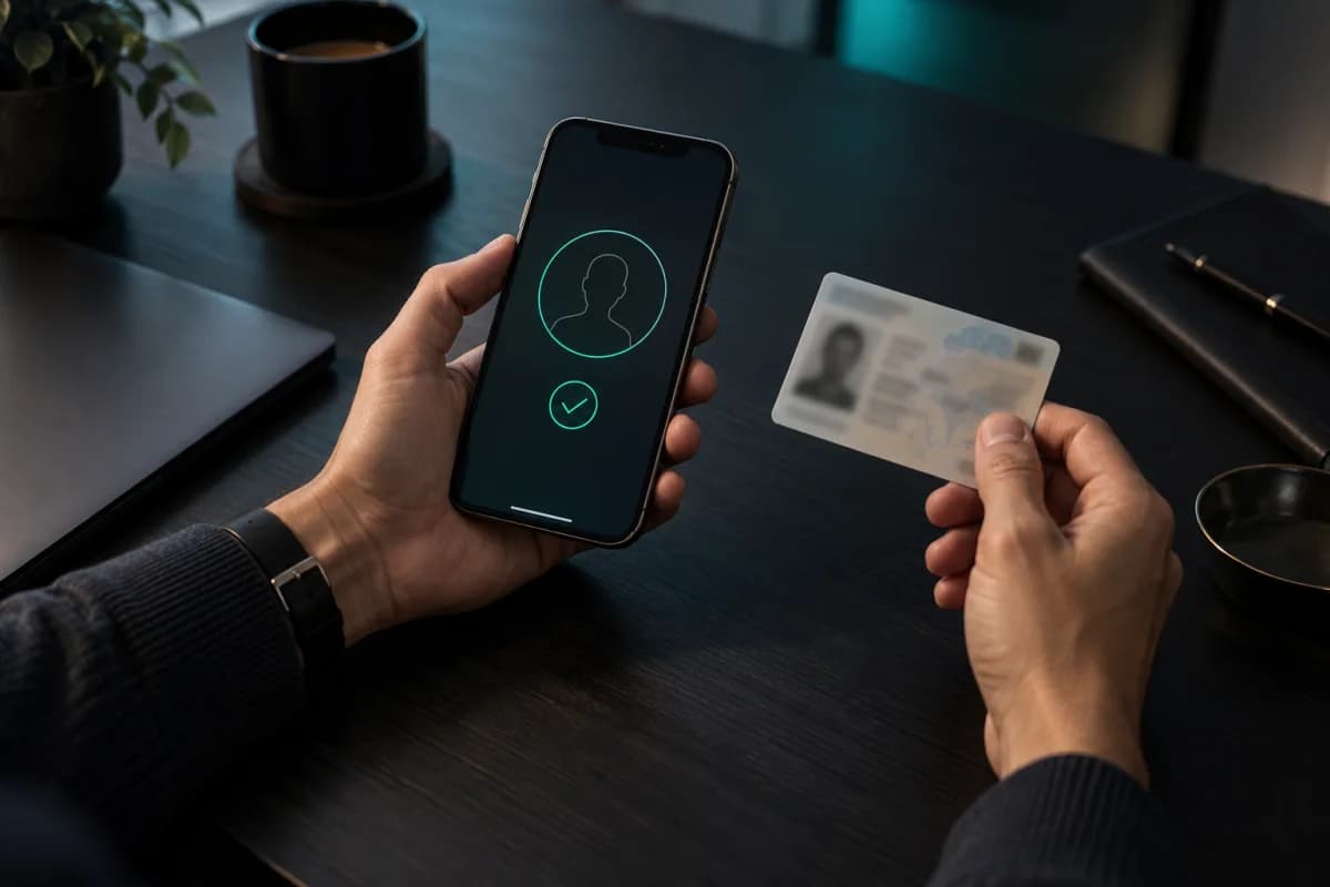 Hands holding a phone beside an identity card for digital verification.
