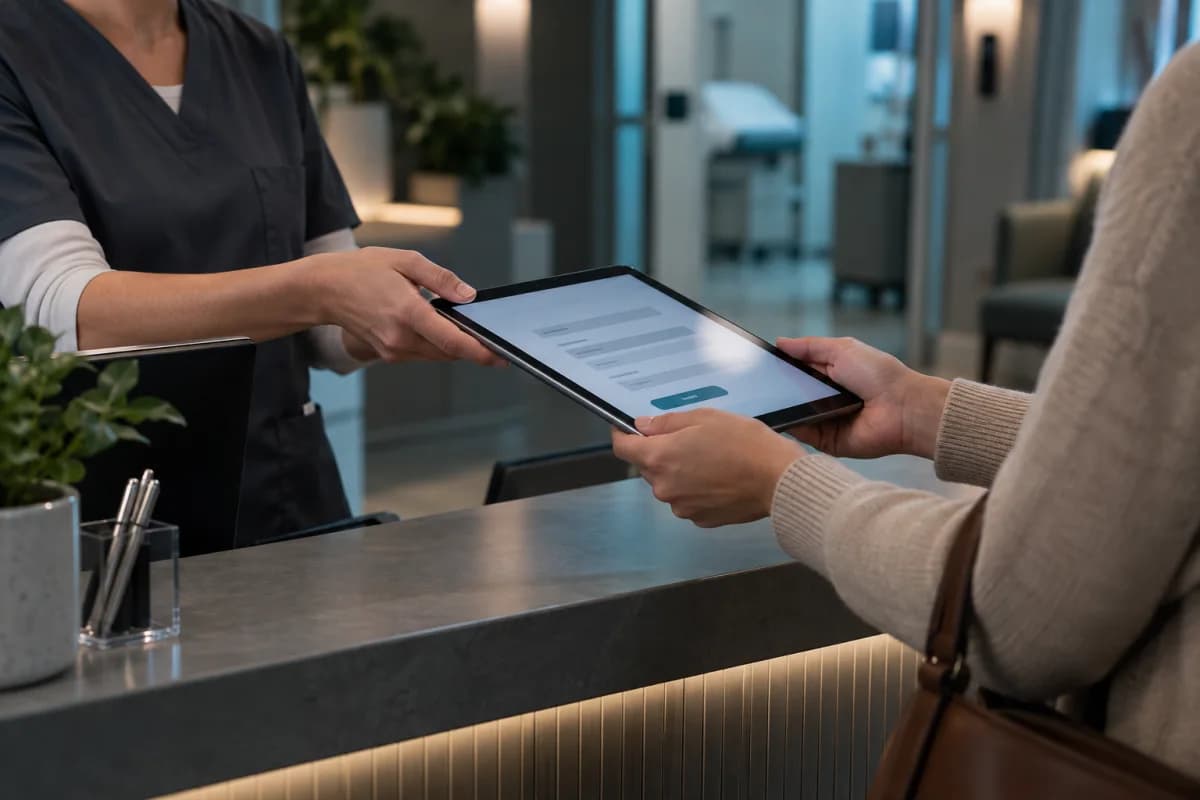 A patient and clinic worker exchanging an intake tablet at reception.